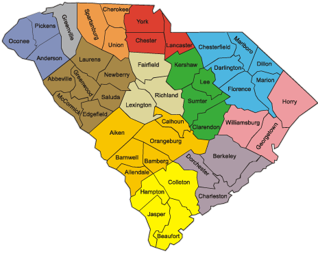 Map of South Carolina with Counties